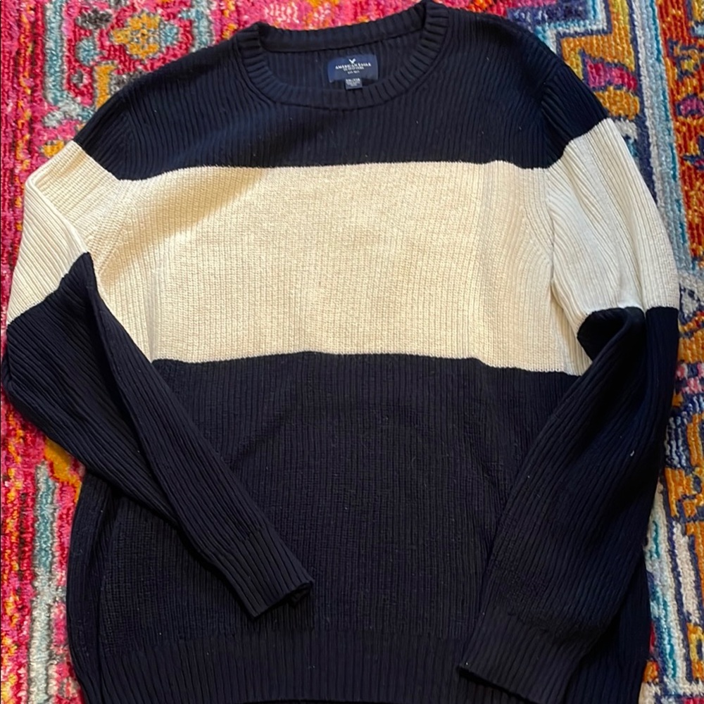 American Eagle Men's Navy and Cream Sweater
